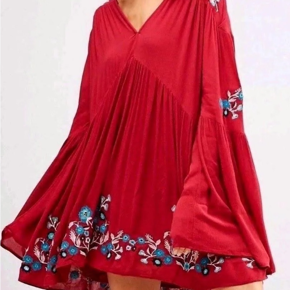 Free People Te Amo Red with Embroidery Oversized Tunic Boho Mini Dress